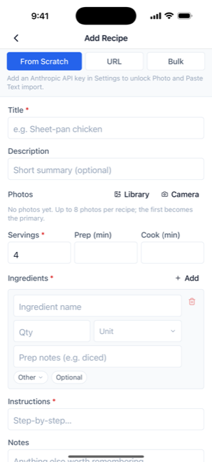 The Add Recipe screen showing the From Scratch and URL tabs