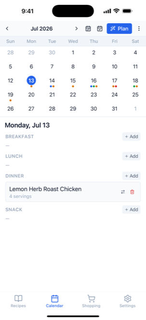 The Calendar tab showing a month with planned meals