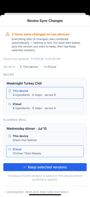 The sync decision screen showing a recipe changed on two devices, with This device and iCloud options