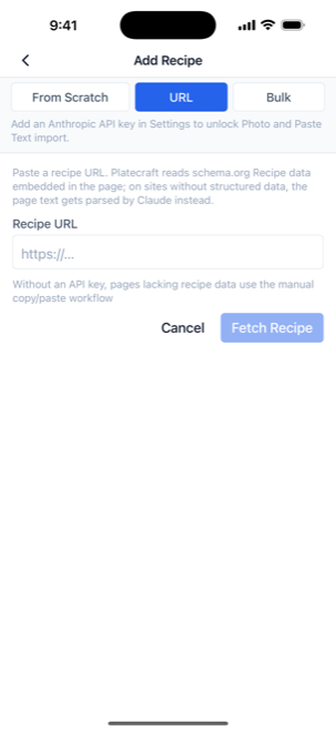 The URL import tab with a field for a recipe web address