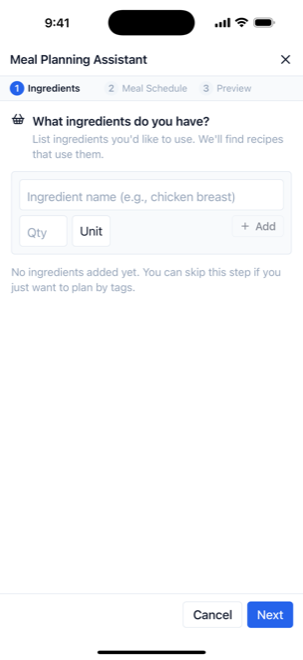 Step one of the Meal Planning Assistant, asking which ingredients you have