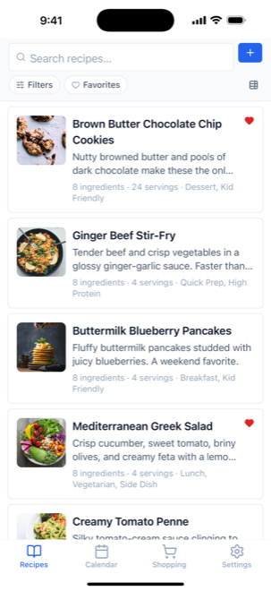 The Recipes tab showing a grid of recipe cards with photos and tags