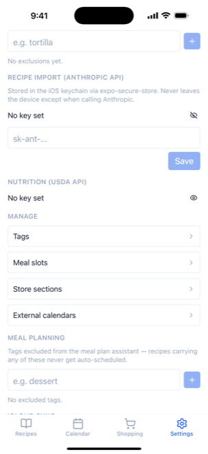 The Recipe import (Anthropic API) section of Settings with the key field open