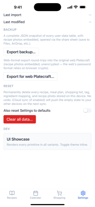 The Backup section of Settings with the Export backup button
