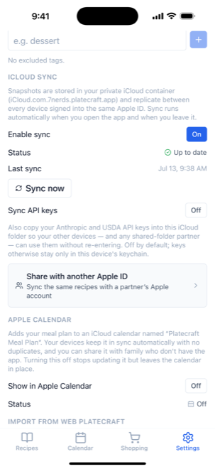The iCloud sync section of Settings, switched on, showing status and last sync time