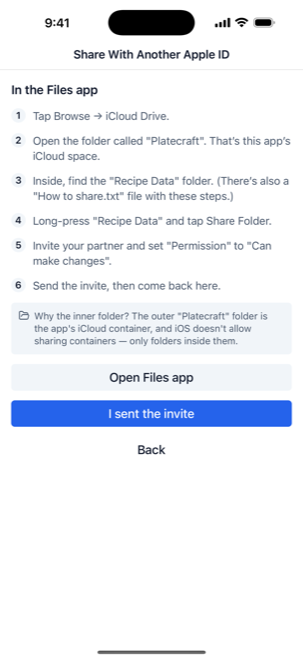 The sharer's step-by-step instructions for sharing the Recipe Data folder from the Files app