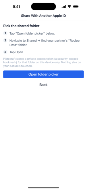 The joiner's screen for picking the partner's shared Recipe Data folder