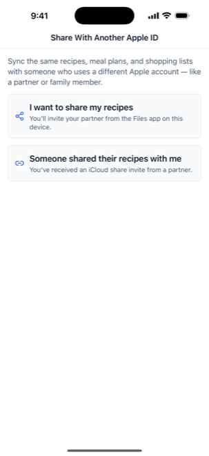 The sharing setup screen asking whether you are sharing your recipes or joining someone else's
