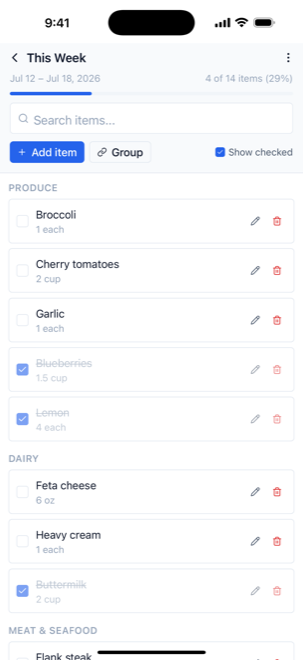 A shopping list grouped by store section with items checked off